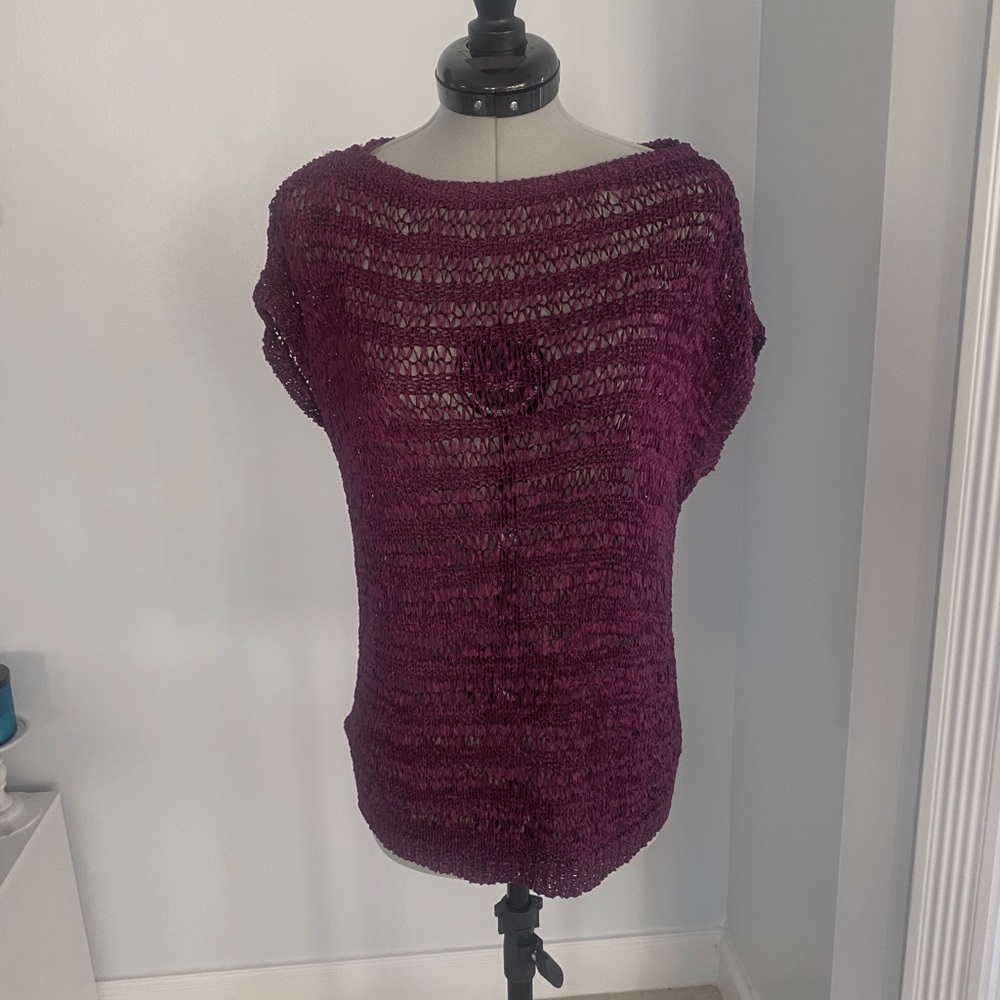 White House Black Market Short Sleeve Open Stitch Sweater Purple NWOT SIZE XXS